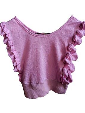 True Vintage Crop Top Girls 12 1970's Pink Ruffled Knit Textured Diamond Pattern